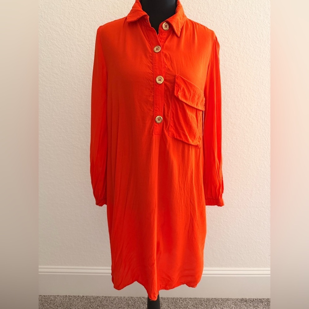 ZARA Vibrant Orange Long Sleeve Dress | Side Slit Detail